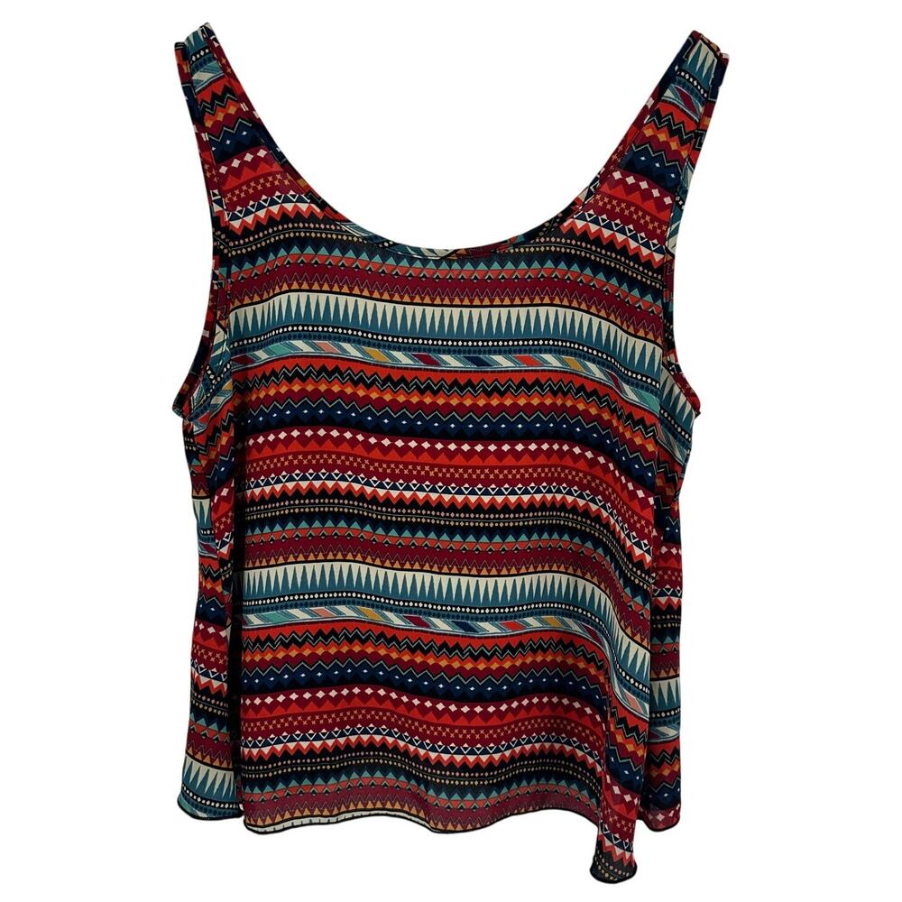Living Doll LA Tank Womens LARGE Aztec Bow Open Back Colorful Festival‎ EUC